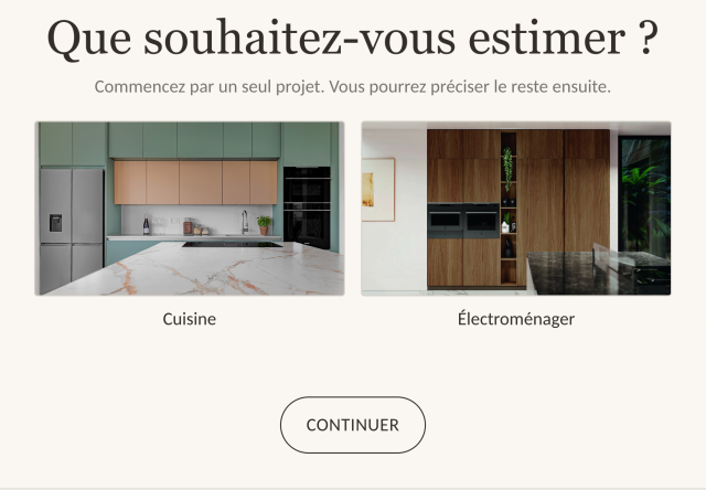 Formulaire BP Cuisines : choix entre cuisine et électroménager, puis bouton Continuer